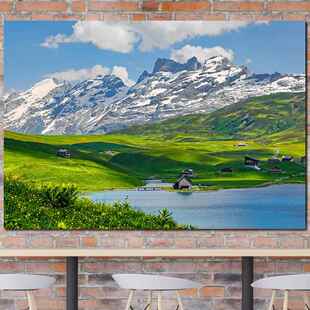 阿尔皮斯山脉客厅装饰挂画雪山草地现代卧室村庄轻奢沙发背景墙图