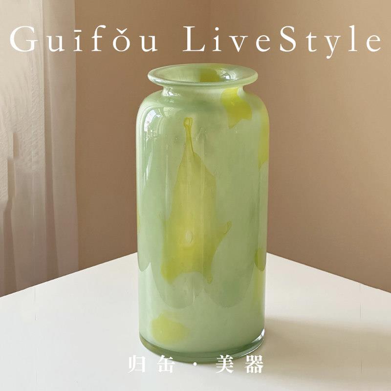归缶绿色玉感百合水培插花瓶摆件客厅新中式琉璃鲜花器玻璃摆件
