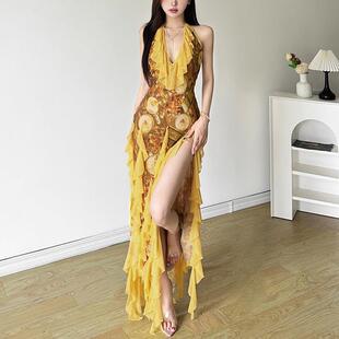 Women's high-end atmosphere deep neck ruffle edge backless