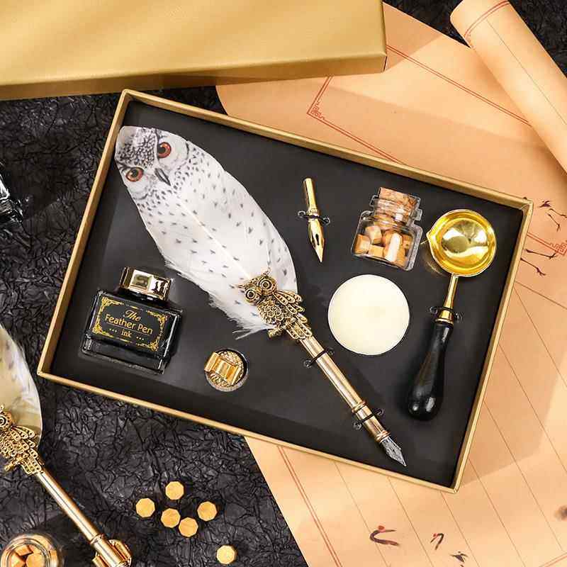 魔法学院羽毛笔套装猫头鹰火漆蜡粒木杆勺封蜡创意礼品