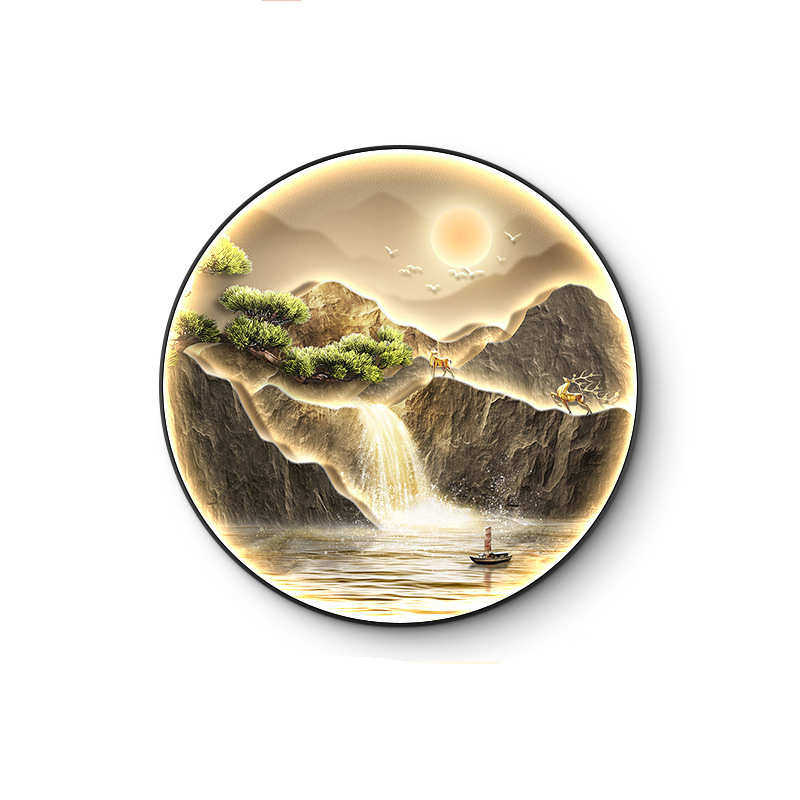 入户玄关装饰画轻奢正对门走廊过道挂画高级感圆山水新中式壁灯画