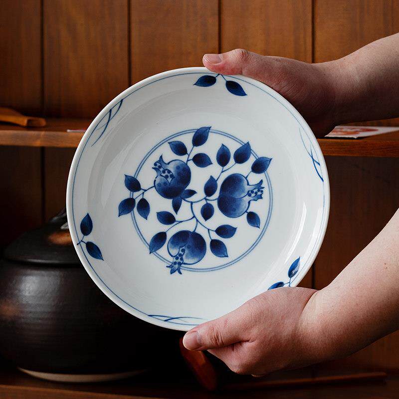 日本进口蓝凛堂釉下彩日式青花石榴盘子水墨风饭碗碟子家用餐具