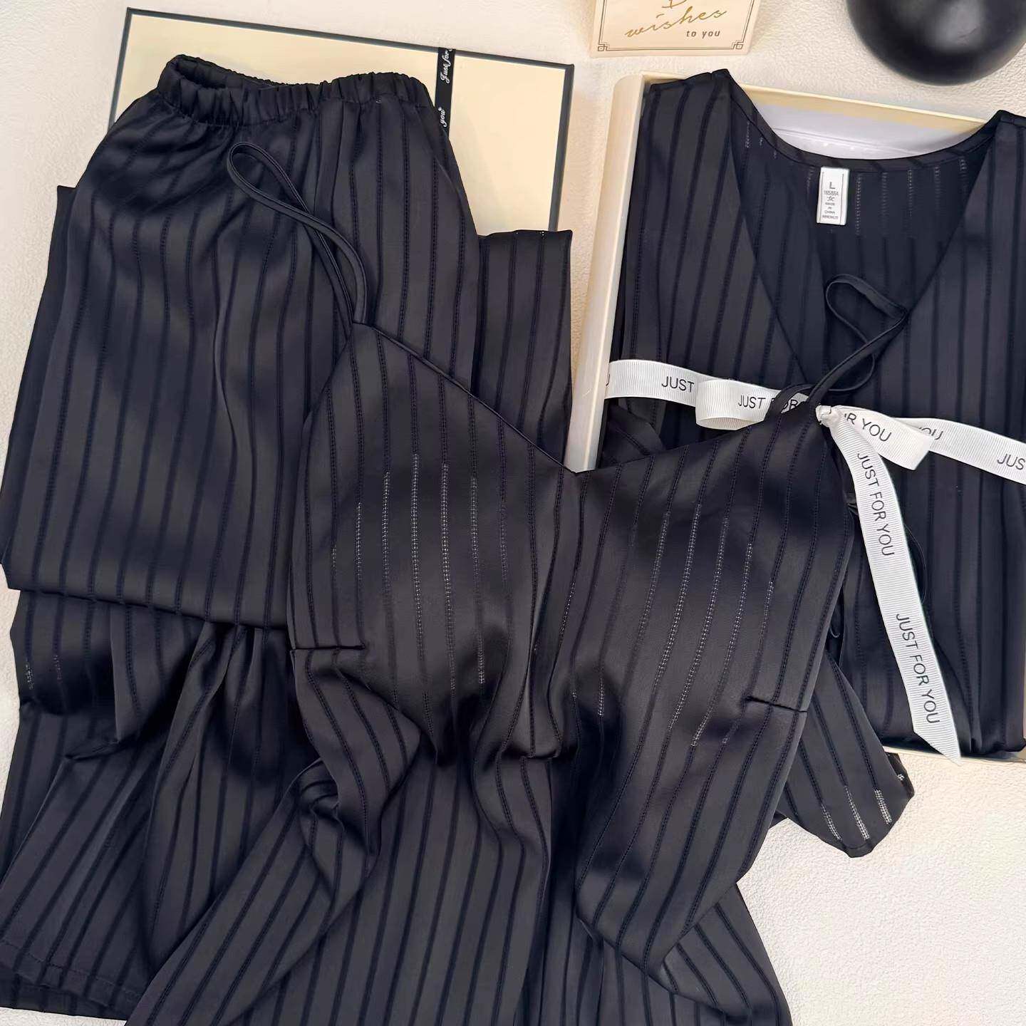 条纹三件套吊带睡衣女春秋真丝长袖性感纯欲带胸垫黑色家居服套装