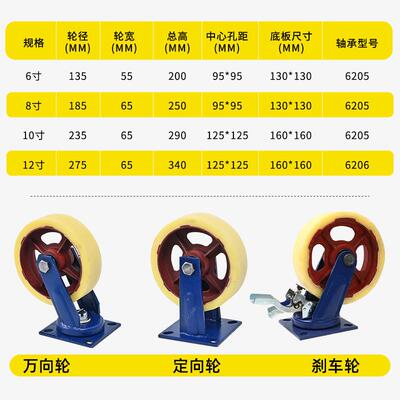 加12寸超重型铁芯龙尼万向轮工6，8，10业厚耐高载重1吨脚轮小推
