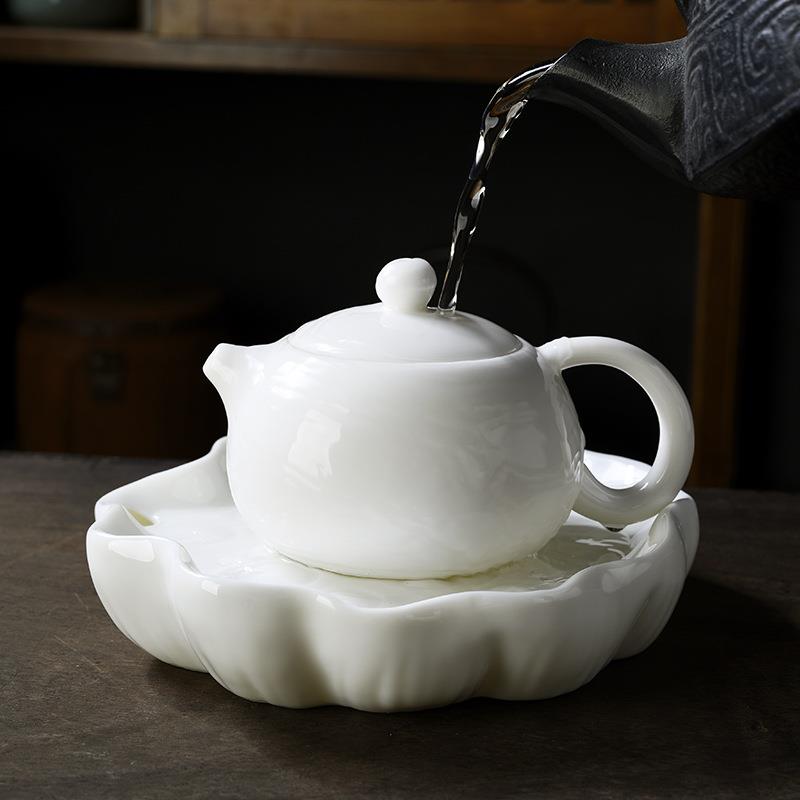 简约德化羊脂玉白瓷莲状陶瓷茶盘壶承储水茶台家用托盘干泡盘茶具