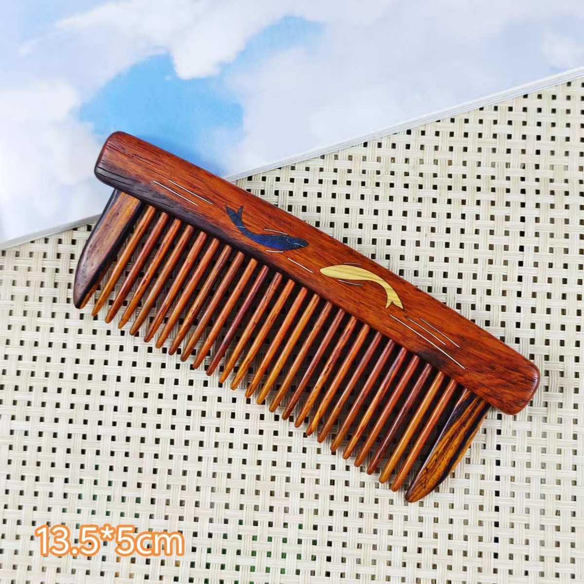 紫光檀花梨木梳手工插齿榫卯拼接镶花梳家用女生顺发礼品梳子批发