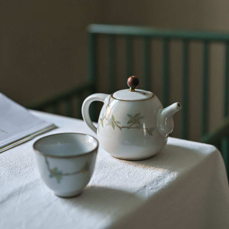 景德镇国风汝窑开片可养纯手绘桂花陶瓷粗陶茶壶茶杯套组中秋礼品