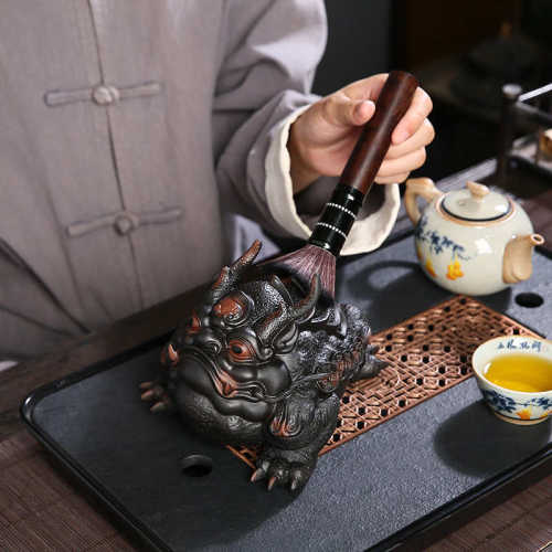 紫陶茶宠手工大号霸王金蟾家用客厅茶台装饰摆件办公招财灵兽茶玩