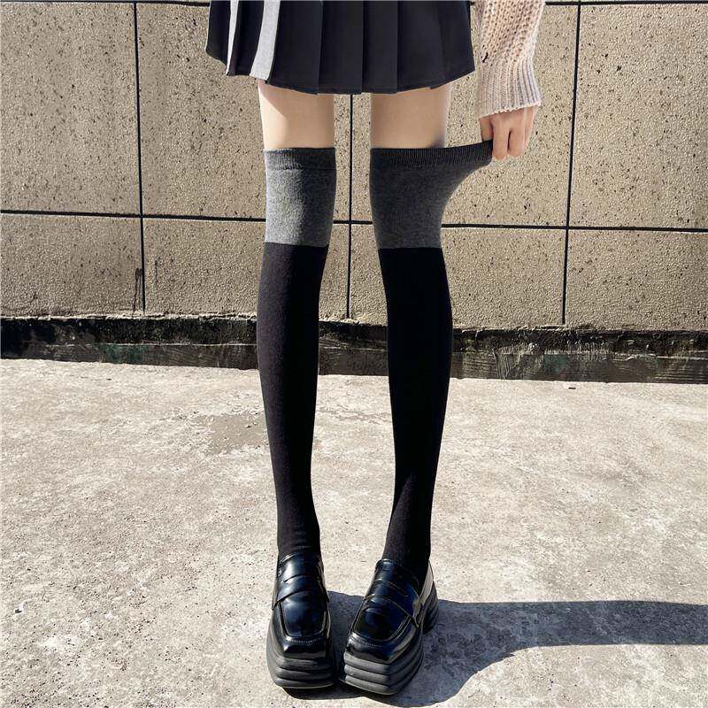 秋冬加绒过膝袜子女黑灰拼接长筒袜加厚保暖小腿袜JK拼色大1026z