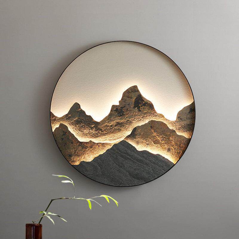 入户玄关岩板背景墙壁灯新中式楼梯过道茶室立体山水画装饰画带灯
