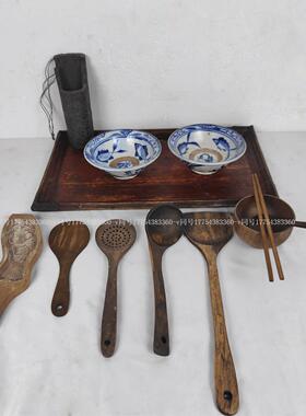 民俗老物件古董怀旧收藏农村老旧托 托盘送菜盘子鱼碗筷子笼道具