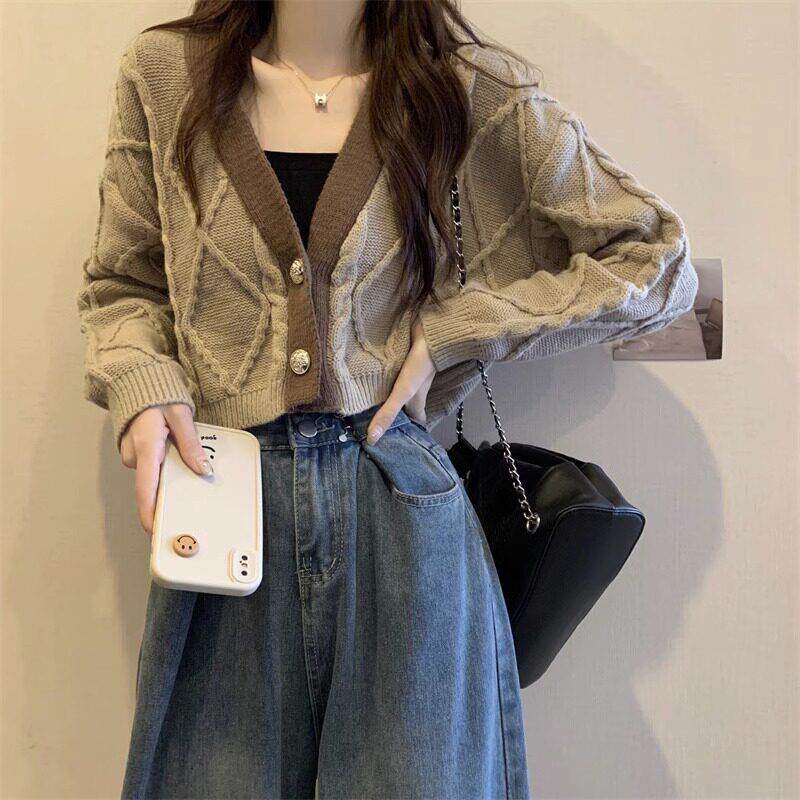 针织开衫女春秋2025新款宽松外穿小个子v领短款毛衣外套长袖上衣