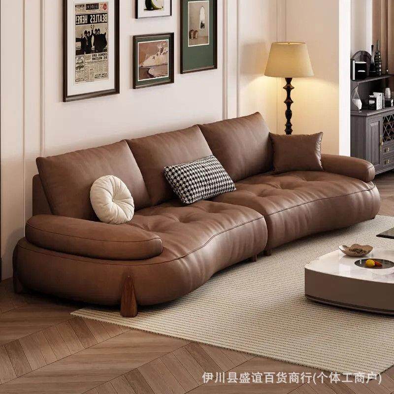 大小户型客厅头层真皮沙发整装组合设计师复古风弧形真皮实木沙发