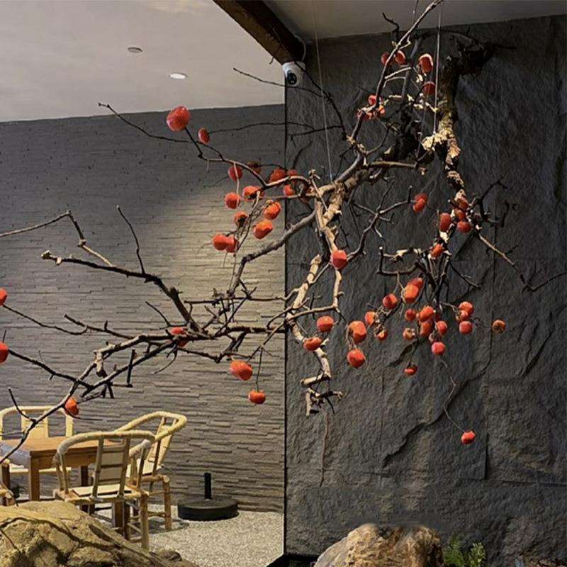 悬吊柿子石榴树枯枝花艺景观禅意吊挂假树干景茶室橱窗餐饮装饰