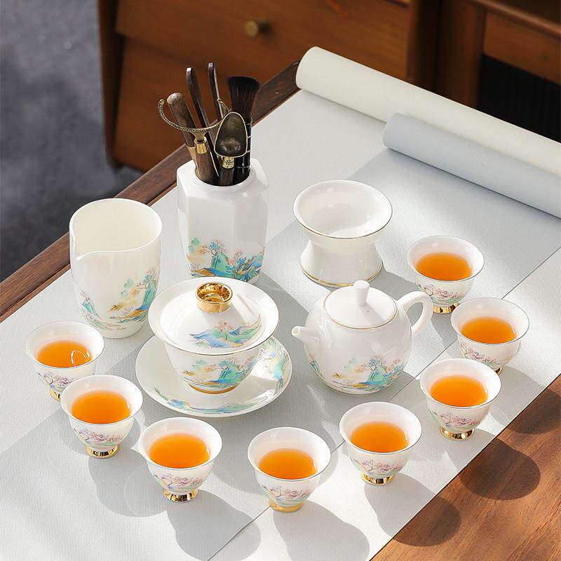 景德镇羊脂玉茶具套装家用客厅待客喝茶轻奢高档陶瓷功夫盖碗茶杯