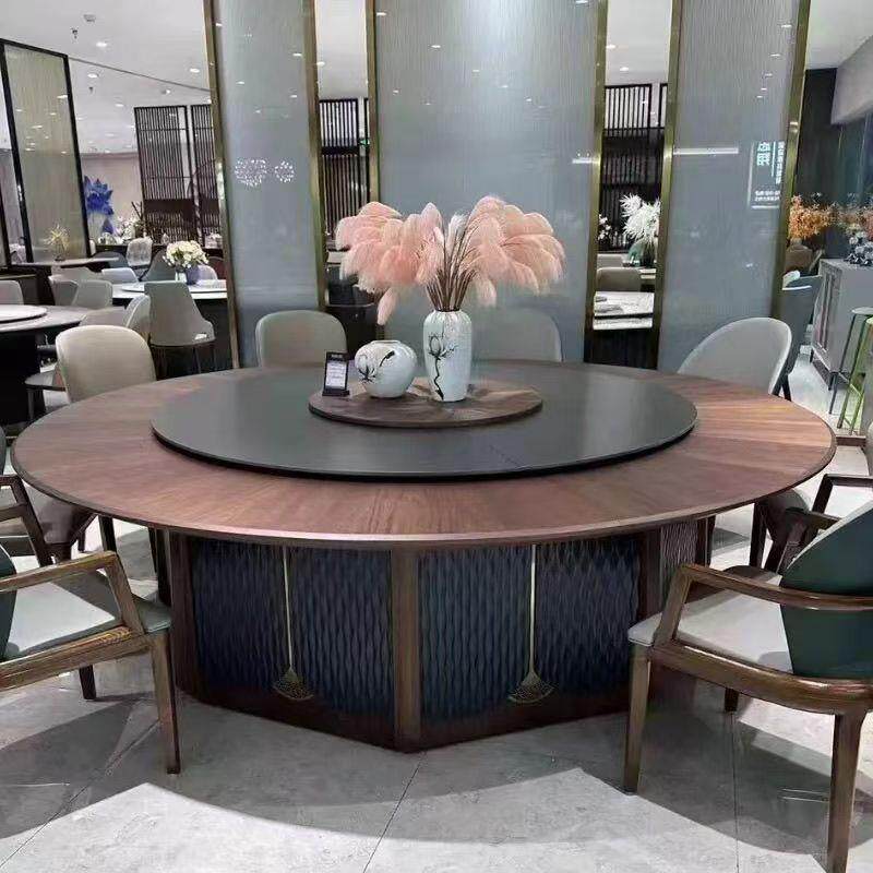 新中式酒店大圆桌电动实木餐桌带岩板转盘15人20人饭店餐厅家用桌