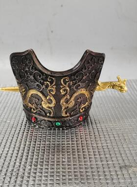 铜器宝石鎏金古代皇帝双龙帝王发冠摆件龙凤发髻老物件