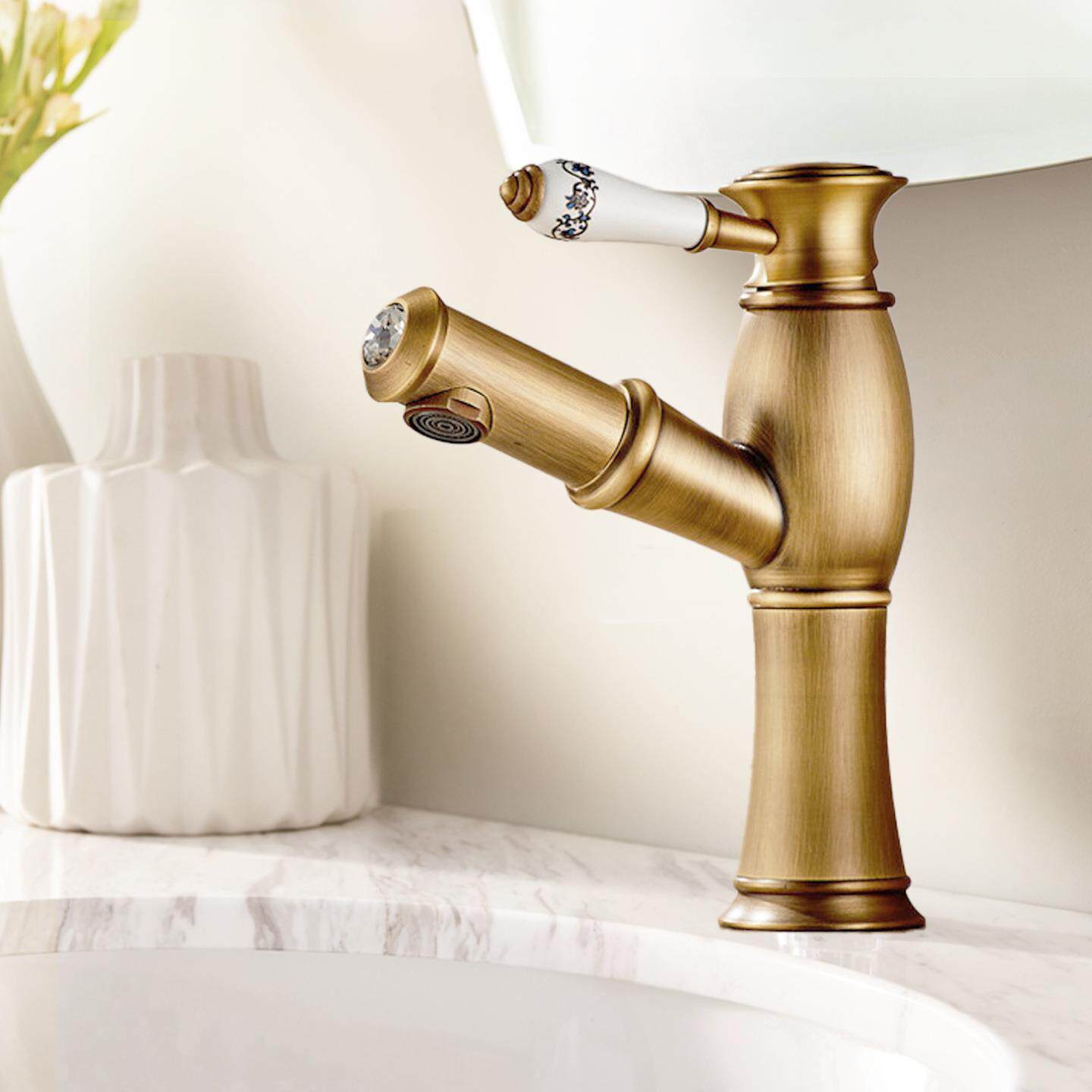 欧式仿古黄铜抽拉式台上面盆洗脸盆冷热水龙头 陶瓷手柄复古龙头