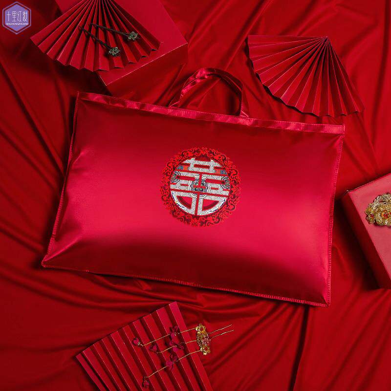 枕头收纳袋结婚包装袋枕芯超大红色手提喜庆陪嫁刺绣四件套礼品袋