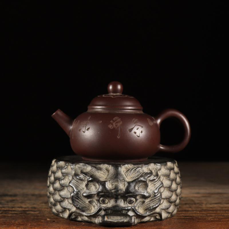 仿古石雕天然青石手工雕刻龙头石鼓壶承中式复古陈设茶席装饰摆件