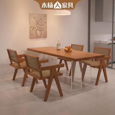 木杨人亚克力悬浮餐桌椅组合现代简约餐桌实木家用白蜡木吃饭桌子