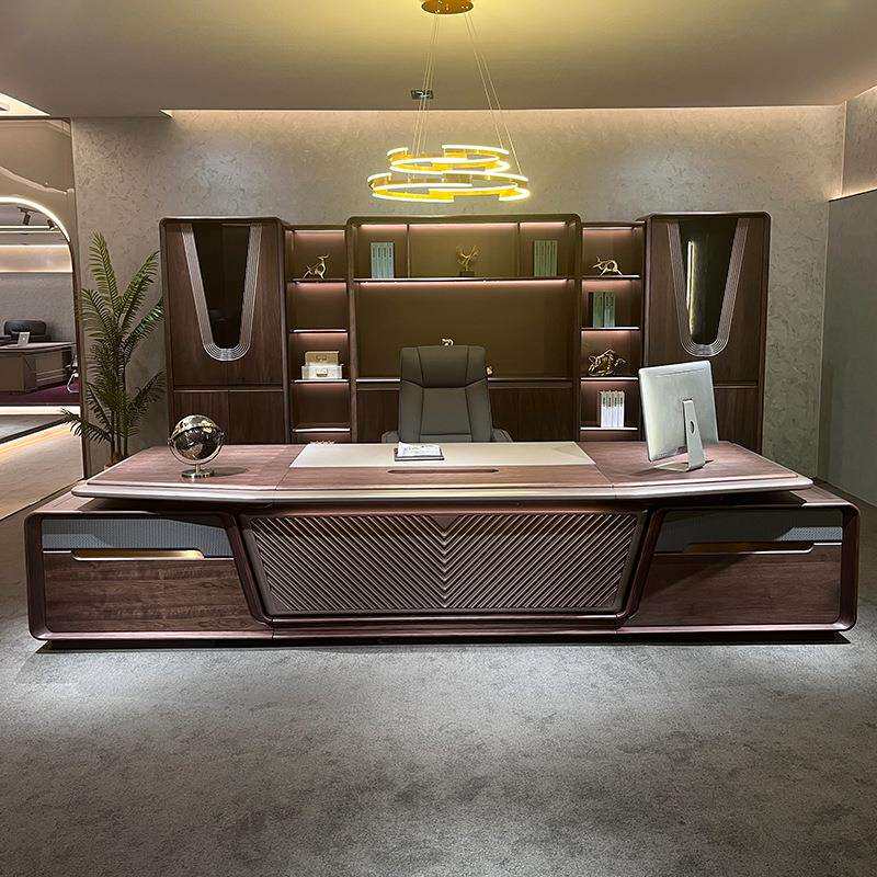 新中式老板桌总裁桌黑胡桃实木皮高档总经理办公室董事长办公桌