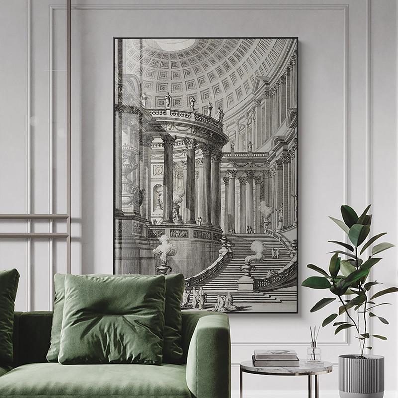 巨幅落地装饰画定做古建筑客厅背景墙挂画大尺寸酒店玄关壁画定制图片