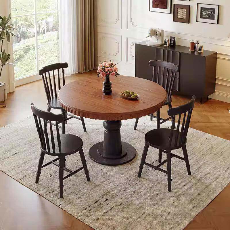 实木餐桌椅组合小户型法式中古风复古圆形黑色吃饭桌子罗马圆餐桌