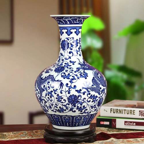 正品德镇陶瓷器 仿古景青饰花瓷花瓶釉下龙纹瓶赏 现代家居客厅装
