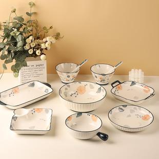 可微波 手绘陶瓷盘子菜盘家用菜碟餐盘简约创意鱼盘深盘餐具套装