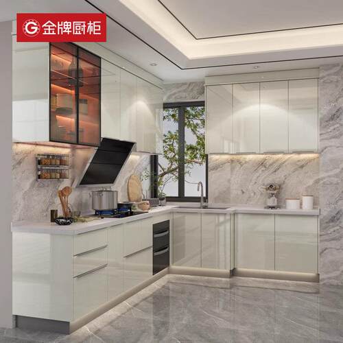 金牌厨柜整体橱柜定做石英石台面厨房厨柜定制橱柜一体灶台柜门