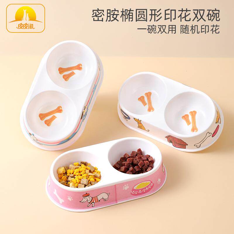 现货皮皮淘跨境款宠物喂食器 椭圆形彩色印花密胺宠物双碗