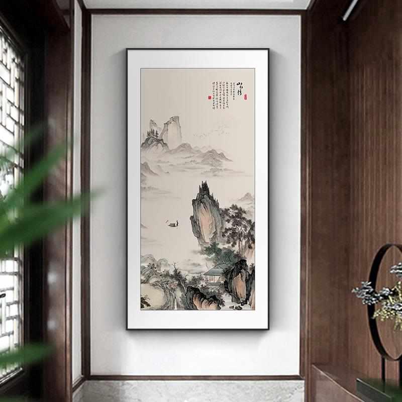 迎客松玄关装饰画新中式入户走廊过道挂画竖版茶室壁画山水国画