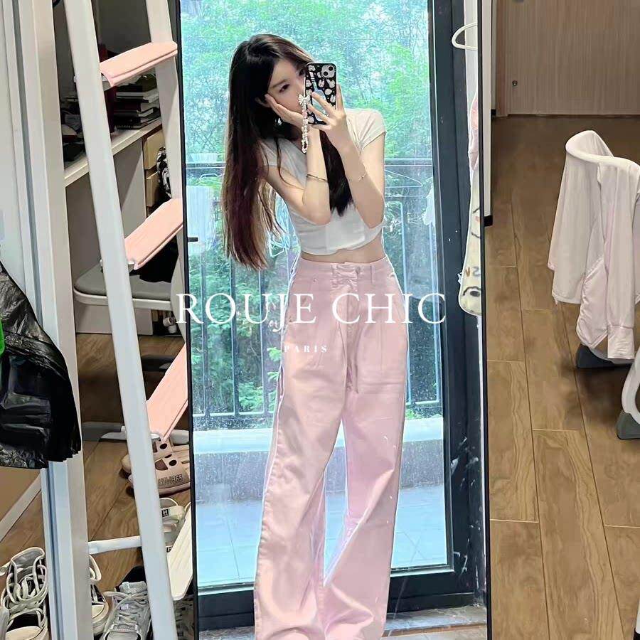 法国rouje chic春季粉色宽松直筒褶皱牛仔裤女法式垂感拖地阔腿裤