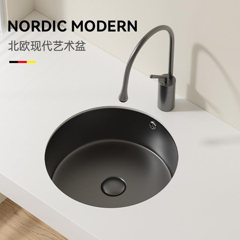 枪灰色圆形台下盆嵌入式洗手池吧台家用小尺寸阳台陶瓷洗脸盆单水