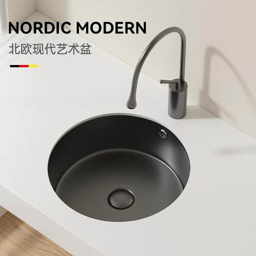 枪灰色圆形台下盆嵌入式洗手池吧台家用小尺寸阳台陶瓷洗脸盆单水