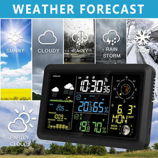 新款彩屏多功能风速雨量气象站电子闹钟室内外温度湿度气压钟