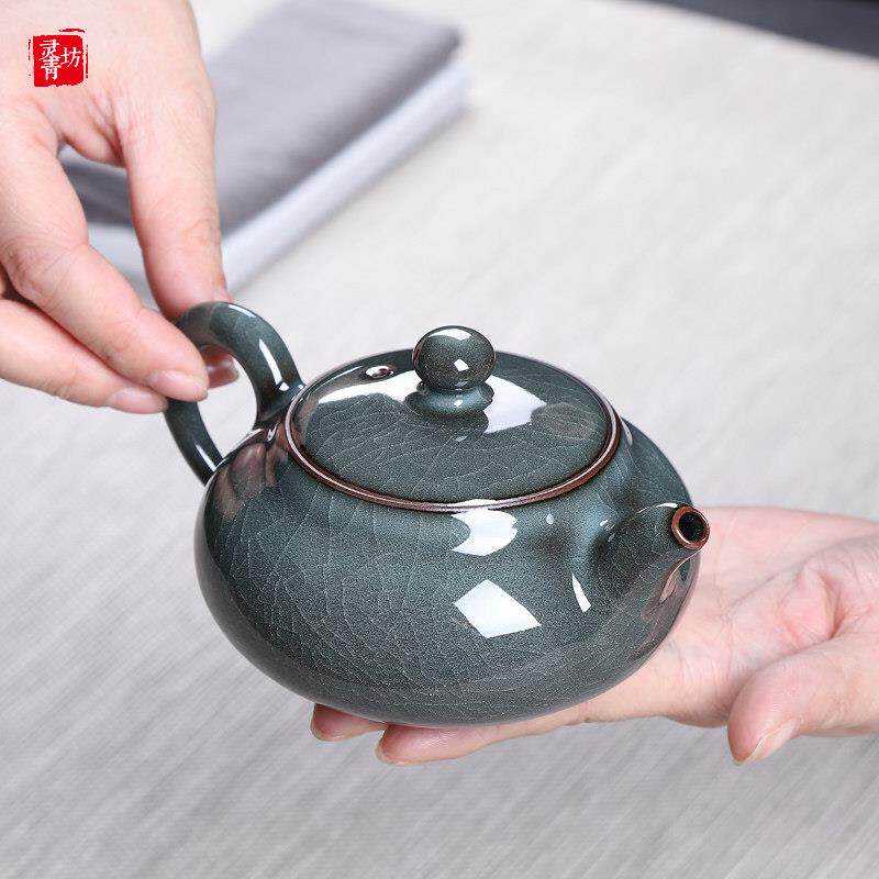 青瓷手工泡茶壶单壶陶瓷功夫茶具套组哥窑铁胎冰裂一壶两二杯家用