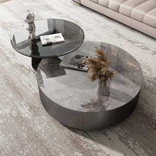 意式现代简约玻璃大小圆茶几轻奢极简家用客厅子母茶几边几茶台组