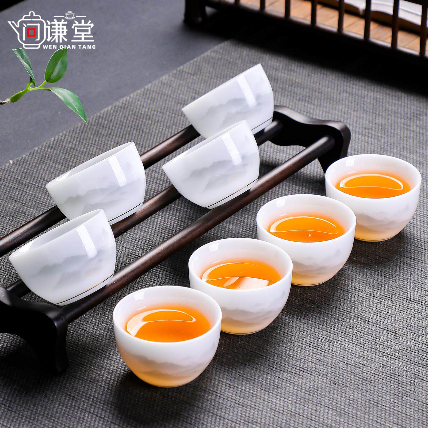 高端冰种玉白瓷功夫茶杯6祇装家用茶具喝茶小杯子品茗茶碗带杯架