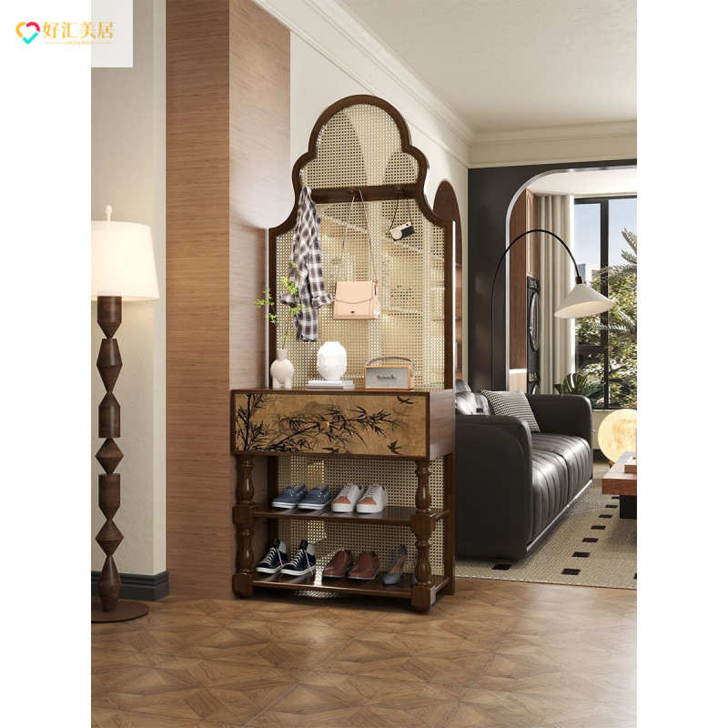法式卧室遮挡可移动座屏藤编屏风隔断客厅中古风入户实木复古鞋柜