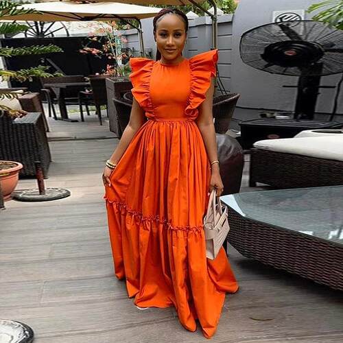 RuffleTrimmed Elegant ALine Dress Orange Round Neck Cinched