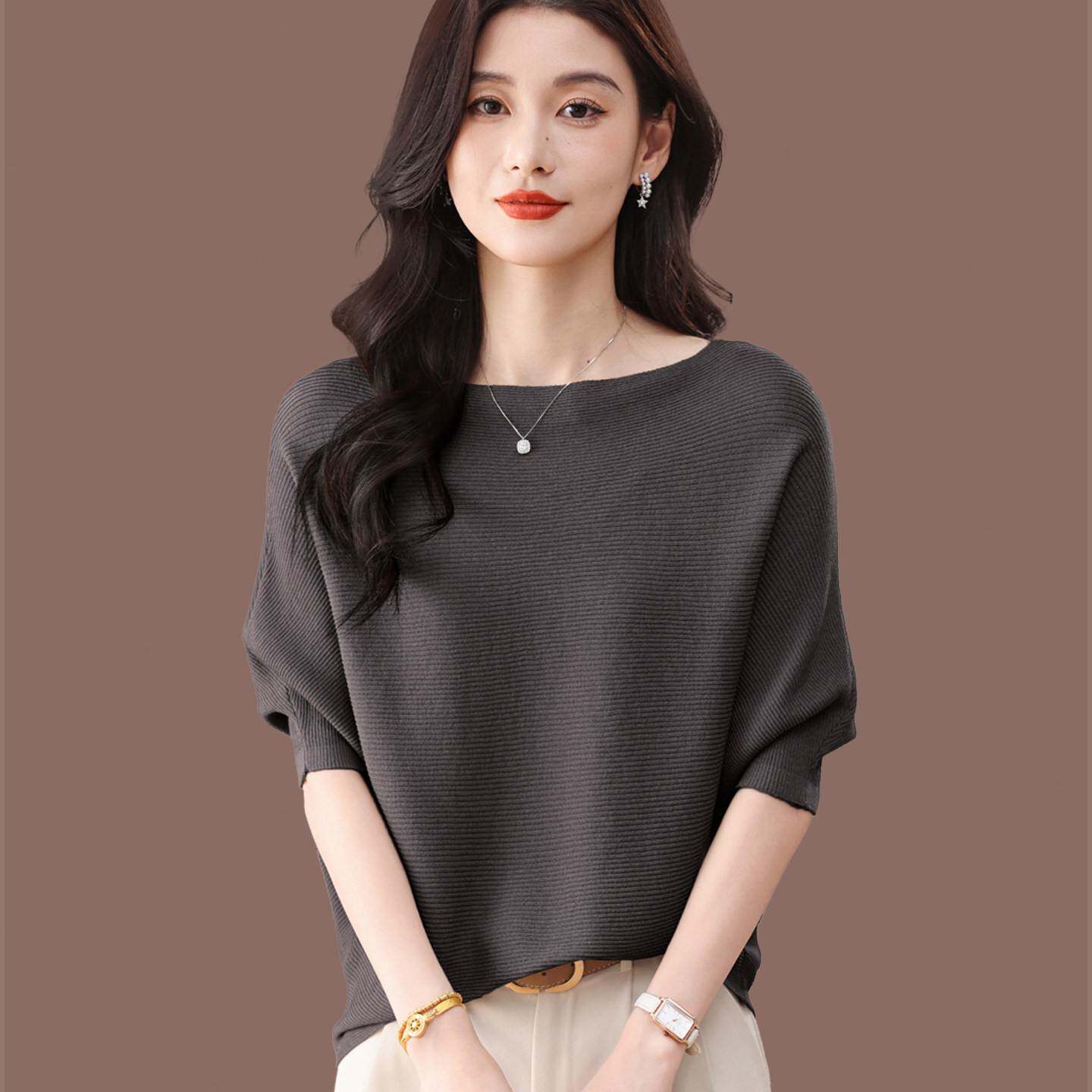 一字肩蝙蝠袖套头T恤女薄款宽松短款桑蚕丝针织衫纯色短袖上衣