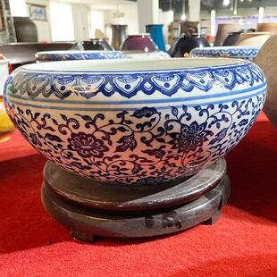 花盆古典青花鱼缸水培盆大口径圆形陶瓷水浅盆铜钱草一叶睡莲盆缸