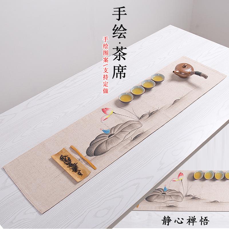 中式手绘桌旗茶席茶桌布帘布艺亚麻布复古茶台餐桌茶旗厂家
