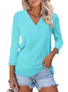 34 Length Sleeve Womens Tops V Neck Casual Tunic Tops Basic