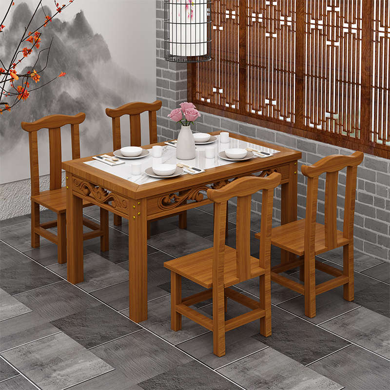 实木饭店快餐桌椅组合仿古雕花面馆早餐小吃店碳化桌椅玻璃岩板桌