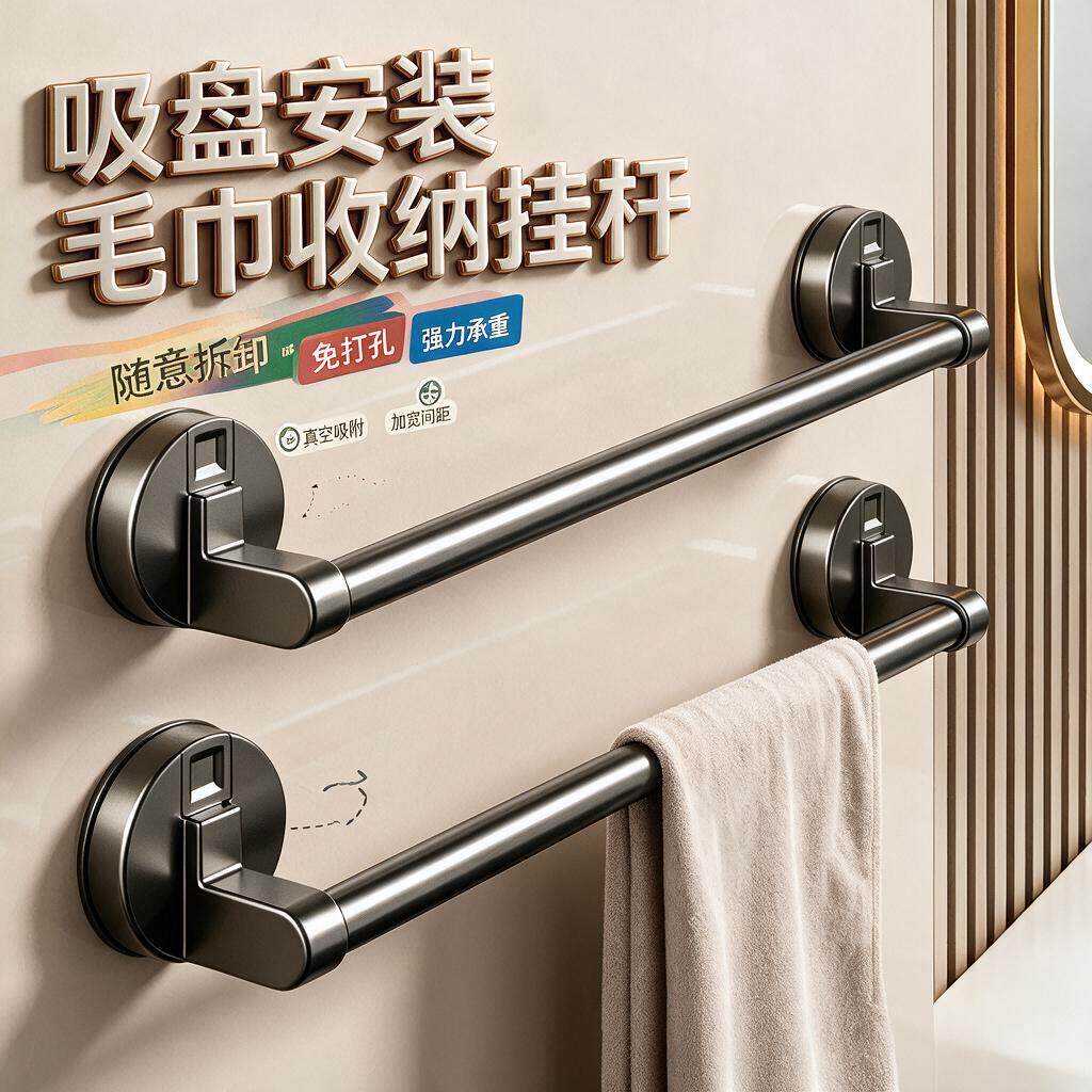 卫生间挂毛巾架吸盘免打孔浴室杆浴巾壁挂置物架收纳挂架单双杆