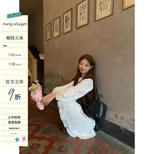RAINY 法式重工流苏系带花边洋装夏季女宽松长袖公主白色裙子