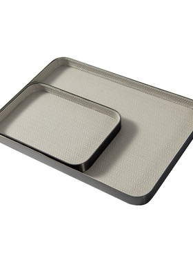 现代简约编织纹皮革托盘轻奢金属收纳盘样板间客厅卧室装饰品摆件